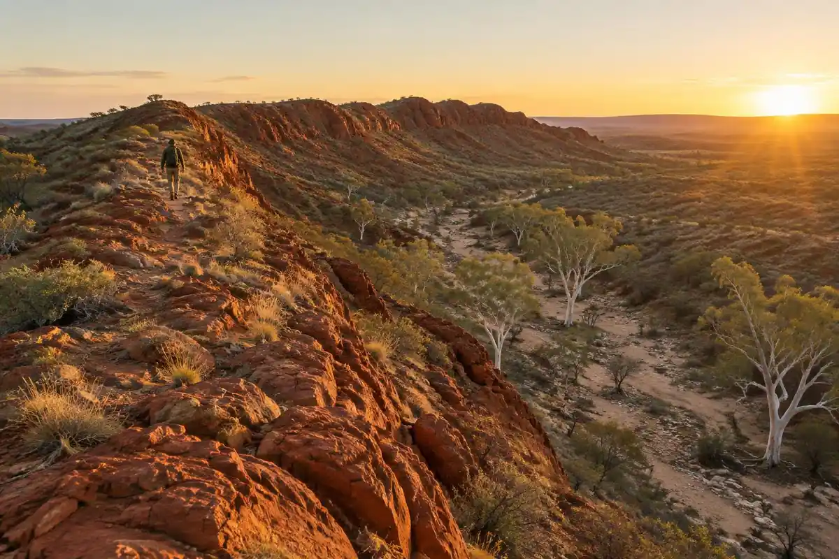 Red rock ridgeline over a desert with ghost gums and a walker on the track