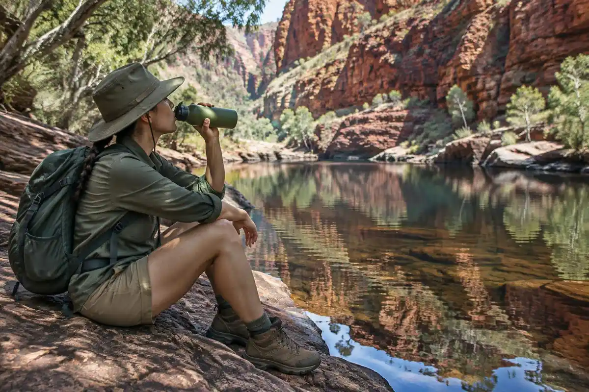 Hiker in a wide-brimmed hat drinking from a bottle at a red gorge waterhole
