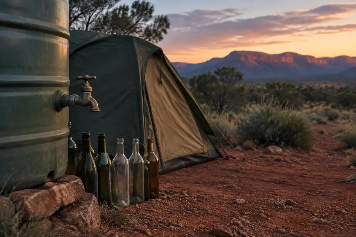 Small tent beside a water tank with a row of bottles at a red-earth camp