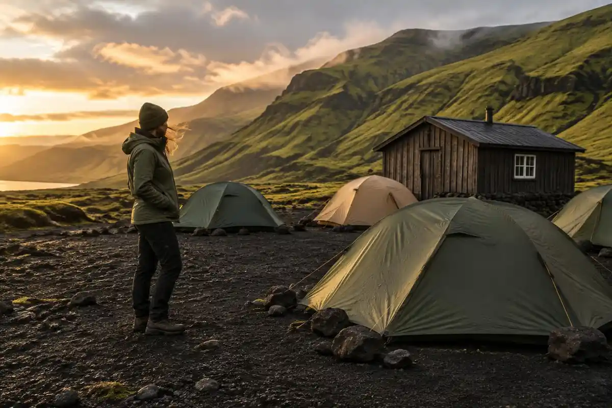 A row of tents by a mountain hut on volcanic ash ground in wind