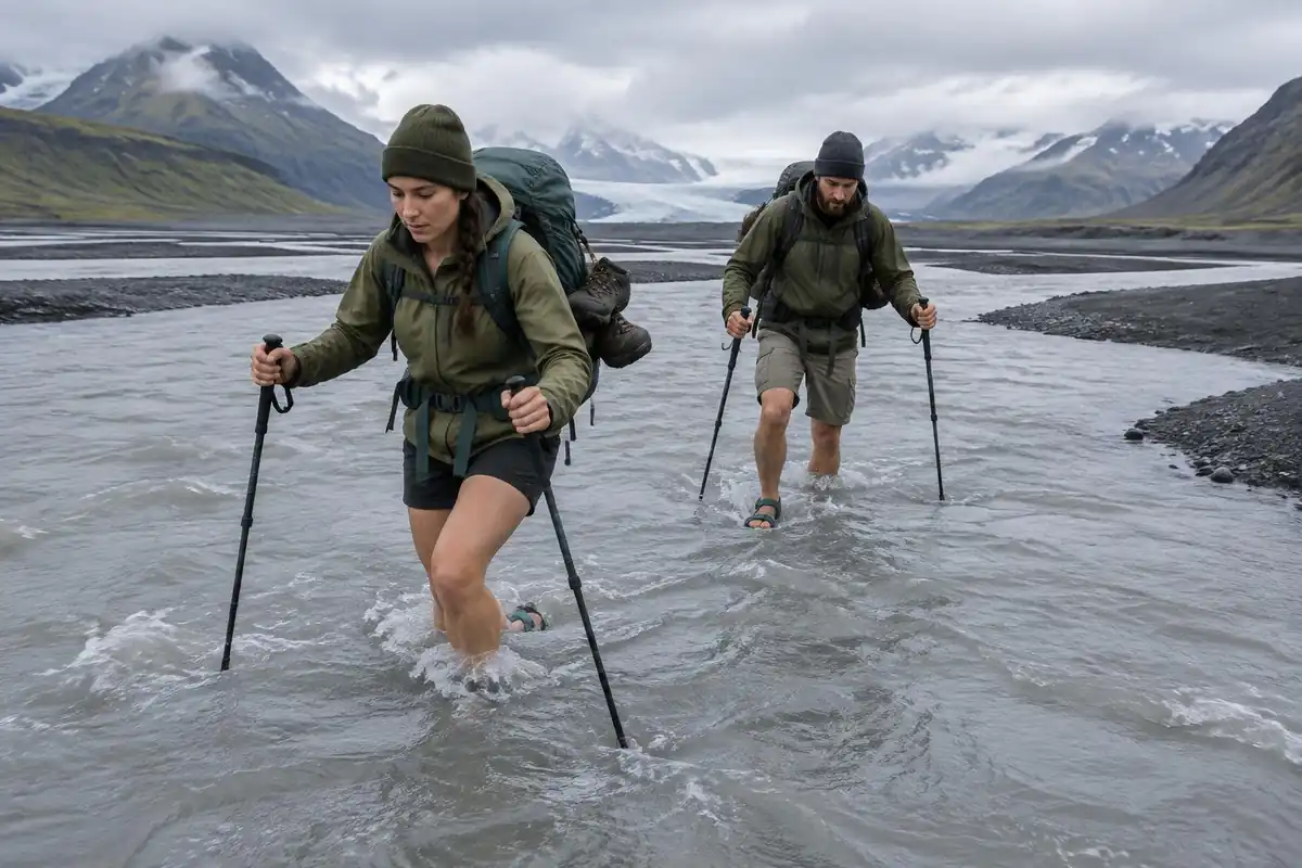Hikers wading a cold braided glacial river with sandals and poles