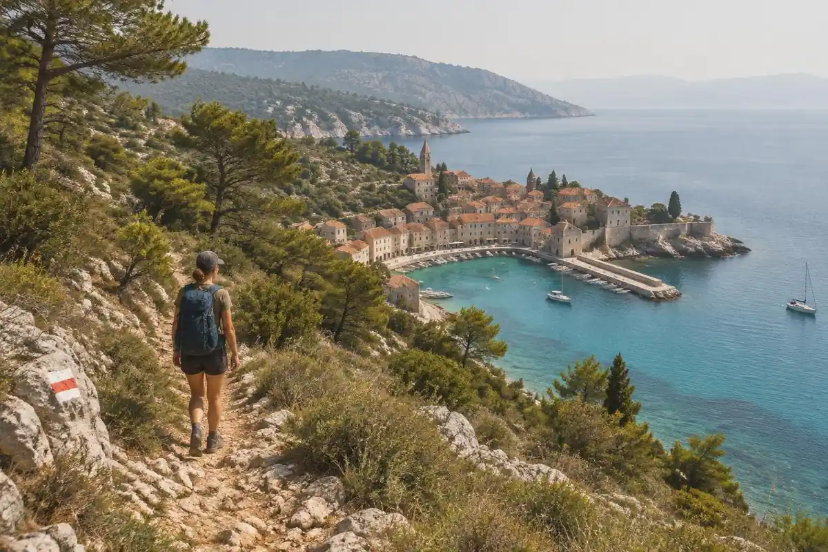 Dry pine ridge above a turquoise bay with a trekker on a waymarked path