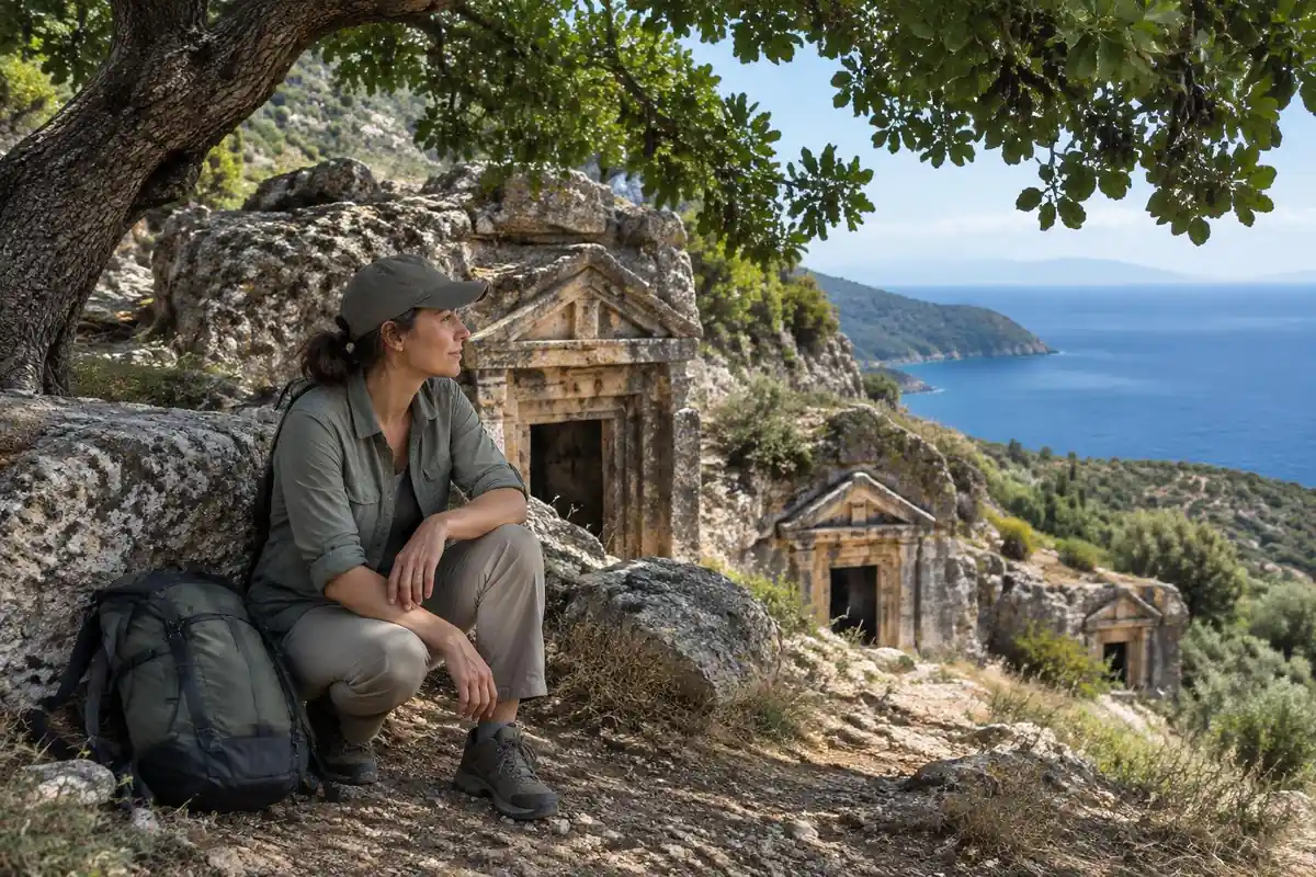 Hiker in a cap resting beside stone ruins under carob trees