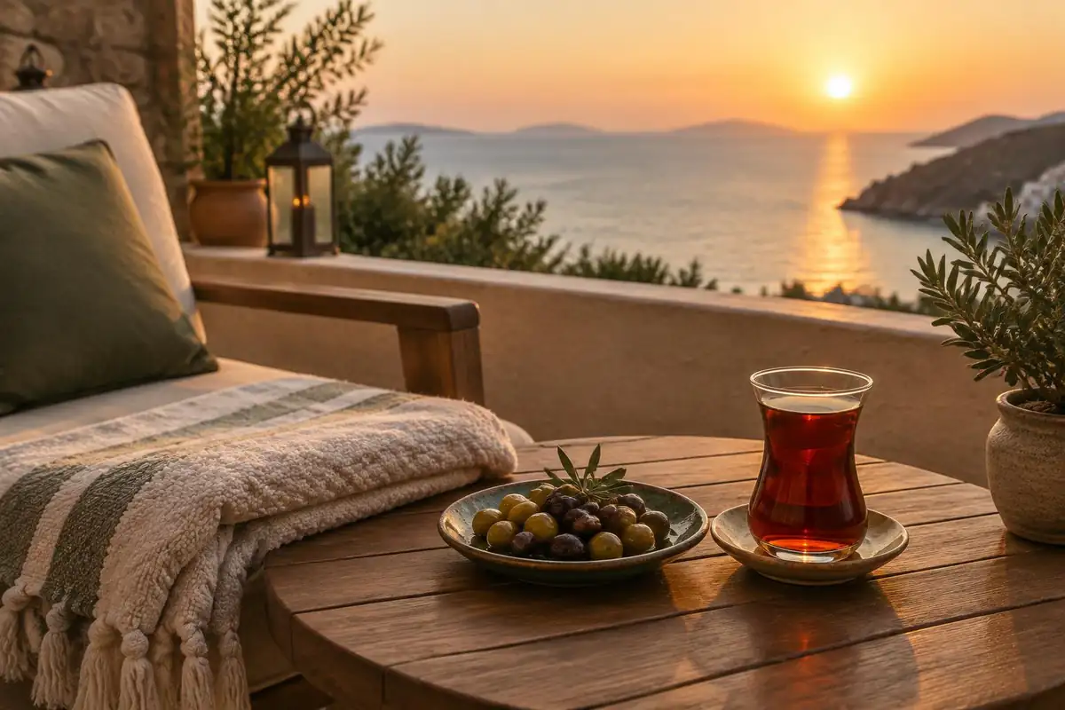 Towel, olives and tea glass on a rooftop terrace table by the sea