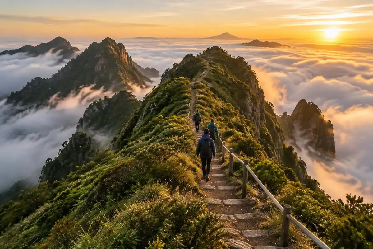 Cut ridge path with steps and railing between green peaks above a cloud sea