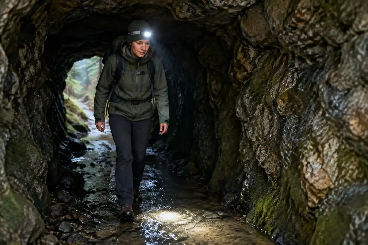 Hiker with a headlamp walking through a short dark rock tunnel