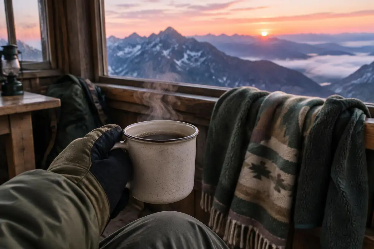 Gloved hand holding a coffee cup at a summit hut with a fleece on the railing