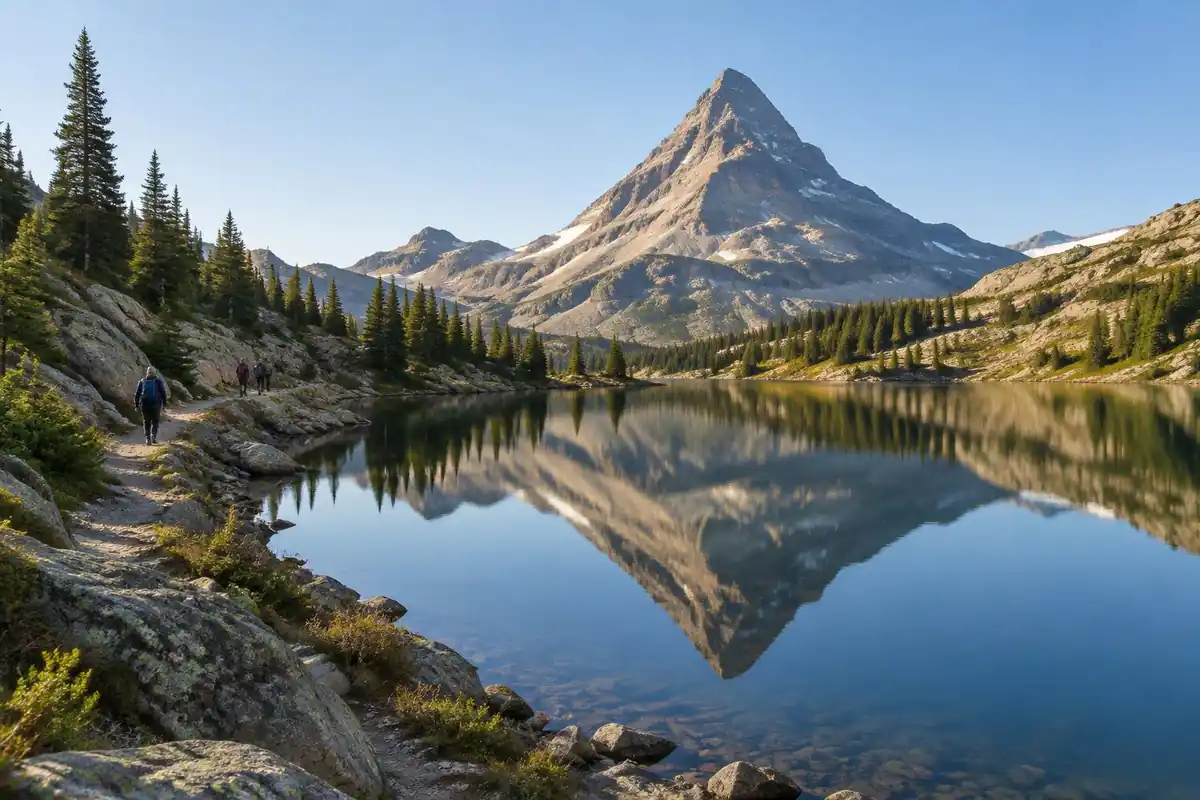A small lake reflecting a pyramid peak with the trail along a rocky shore