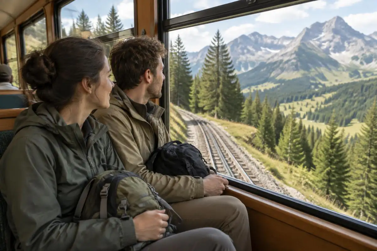A mountain train gliding along a valley slope past pines with hikers looking out the window