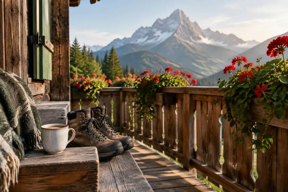 A flowered village balcony with hiking boots and coffee in the morning