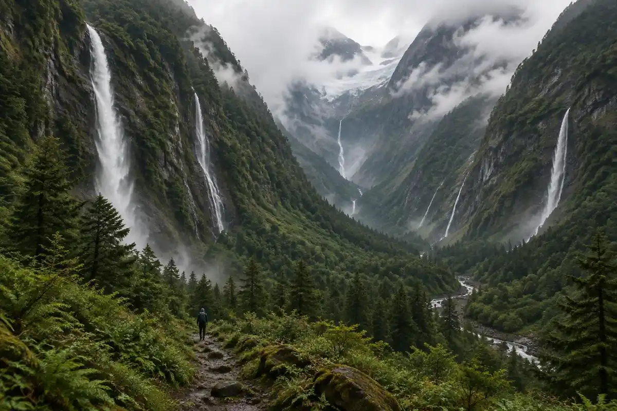 A misty fjord valley with waterfalls streaming down green cliffs