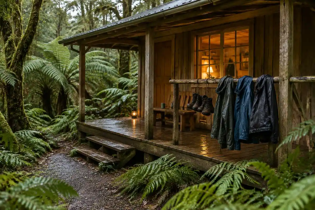 A wooden hut with a covered veranda and drying boots in fern forest