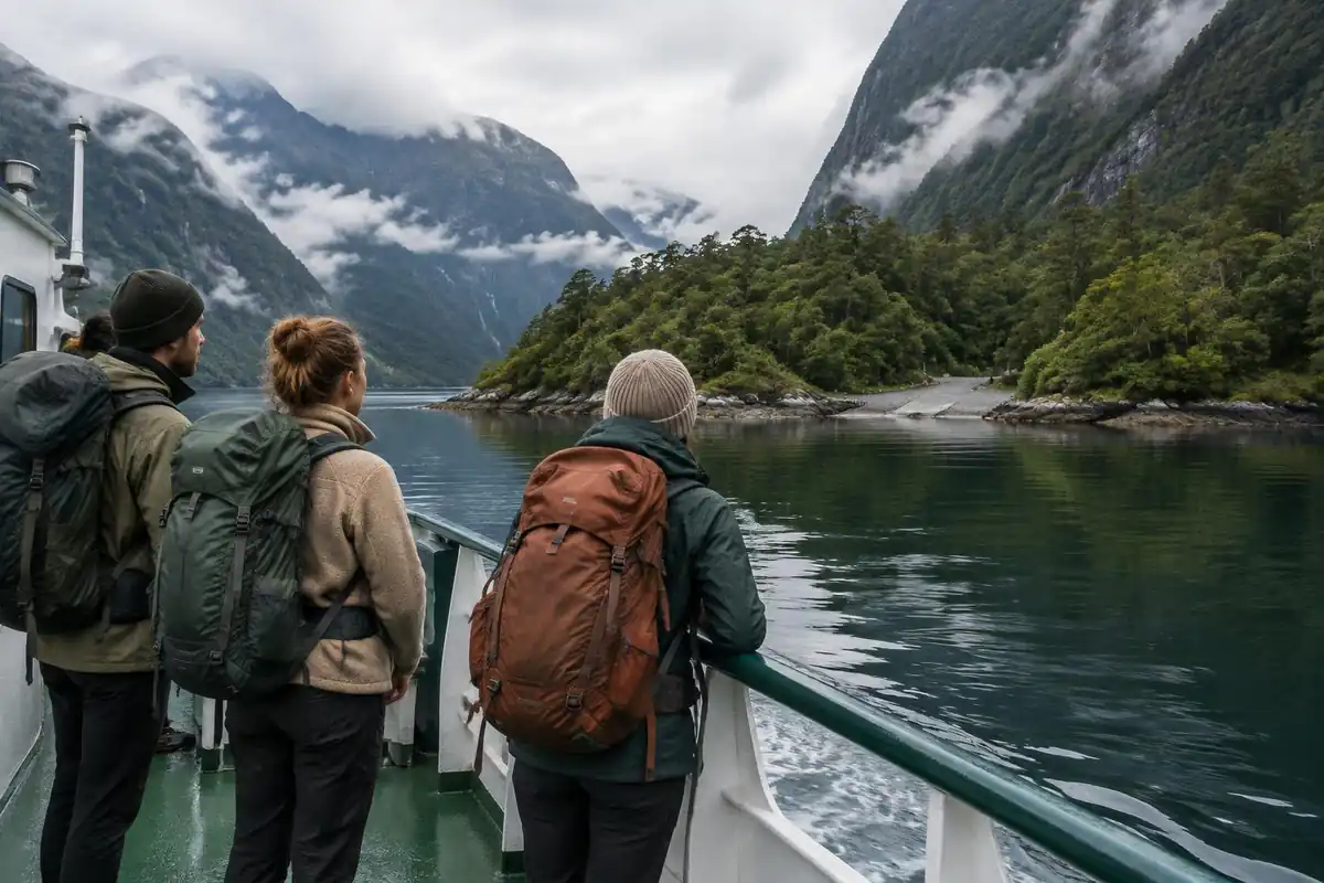 A small ferry boat with hikers on deck approaching a fjord landing