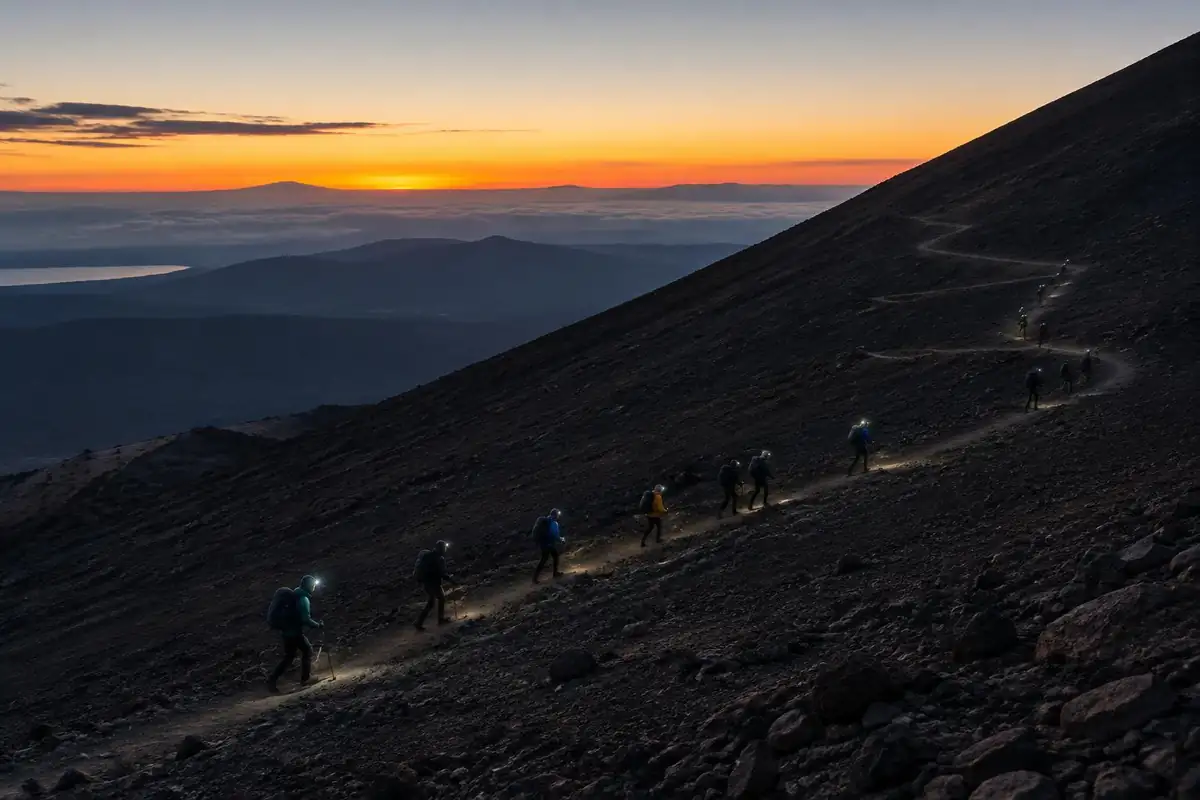 Zigzag trail on a black volcanic slope with headlamp-lit hikers before dawn