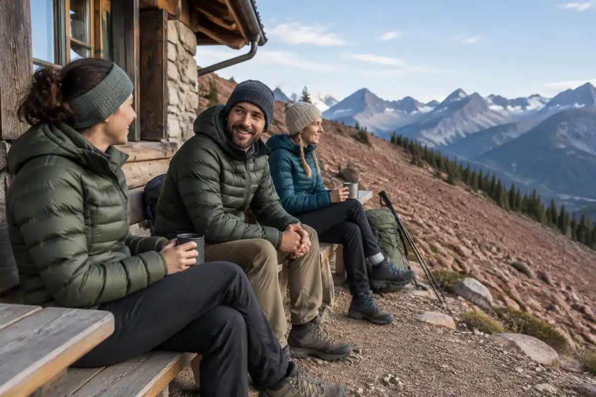 Hikers in warm jackets resting outside a small hut on a red scree slope