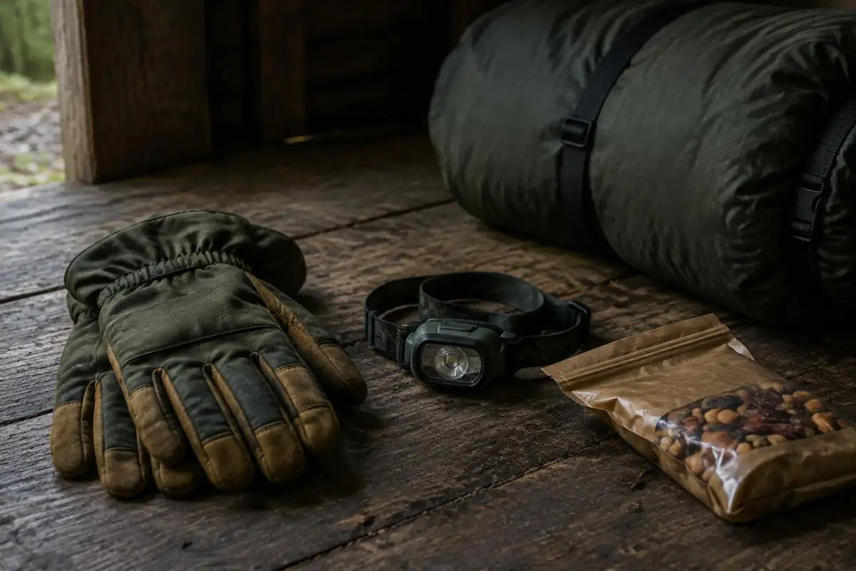 Thick gloves, headlamp and snack bag beside a rolled sleeping bag on a hut floor