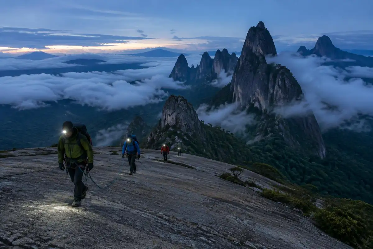 Climbers with headlamps on a rope-guided granite slab before dawn