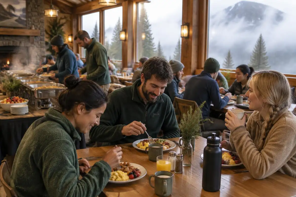 Climbers eating at long communal tables in a mountain lodge