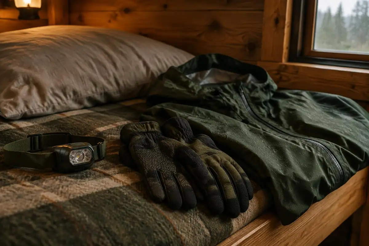 Headlamp, gloves and rain jacket laid on a lodge bunk