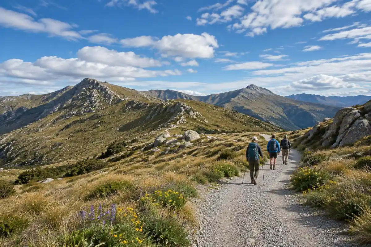Gentle rounded alpine range with granite tors and hikers on a wide gravel path