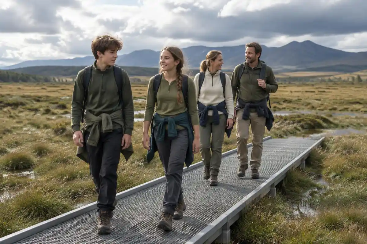 Family with teenagers walking a raised metal mesh walkway across a high plain
