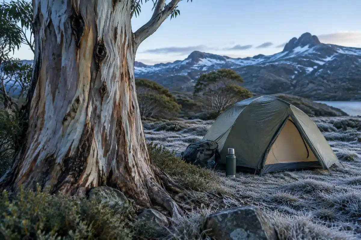 Compact tent and thermos beside a snowgum trunk on a frosty alpine camp