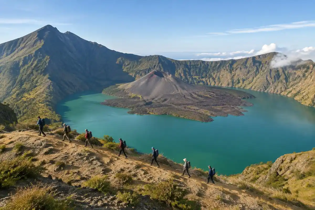 Volcanic caldera with a lake and inner cone seen from a sandy crater rim path