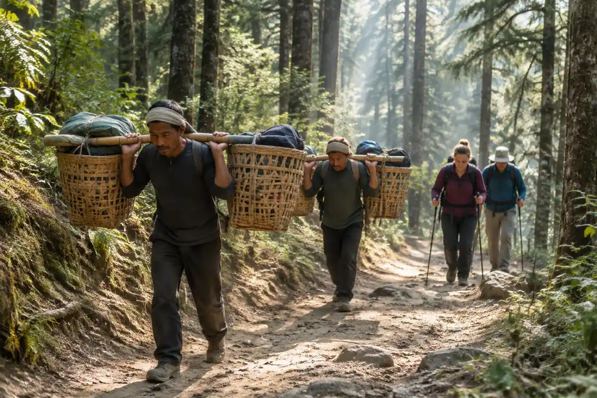 Porters carrying baskets on poles alongside trekkers on a dusty forest track