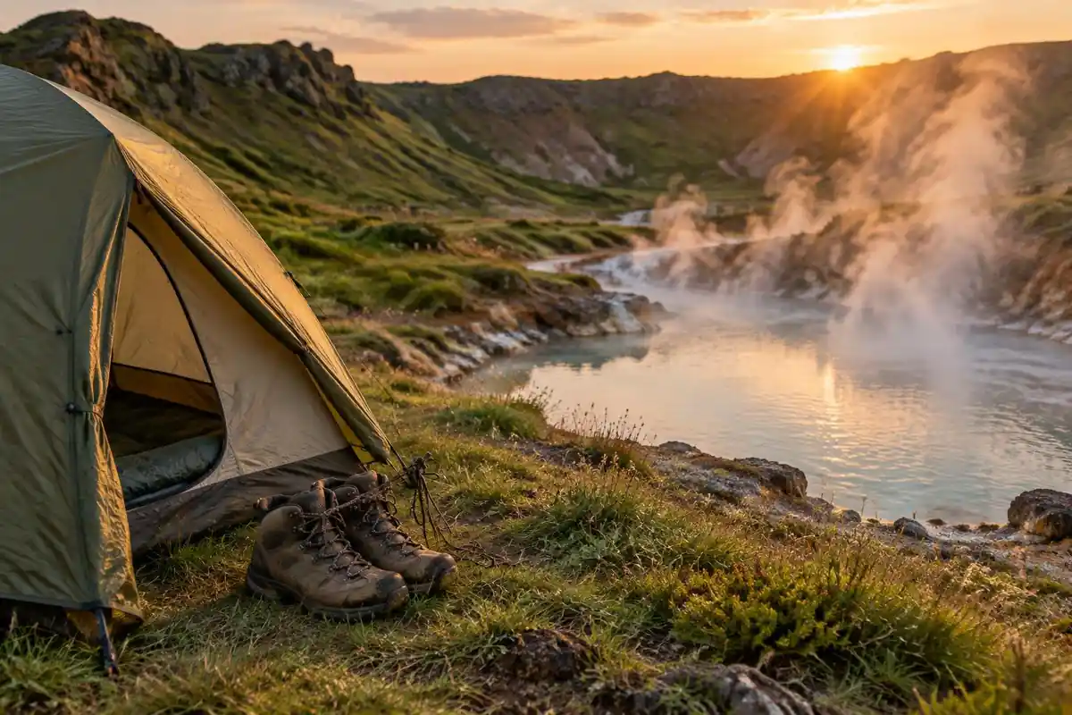 Small tent and tied-up boots beside a steaming hot spring pool