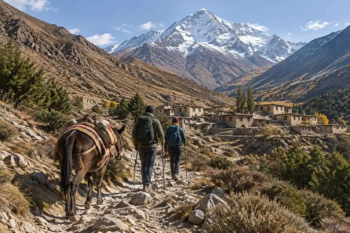 Rocky ochre valley with a mule and two hikers passing a mountain village