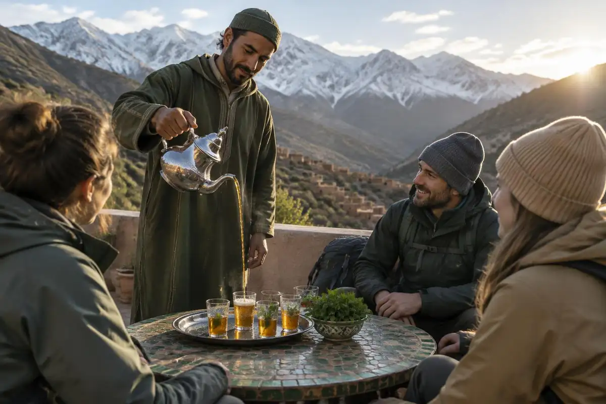 Guide pouring tea for hikers on a rooftop terrace with snowy peaks beyond