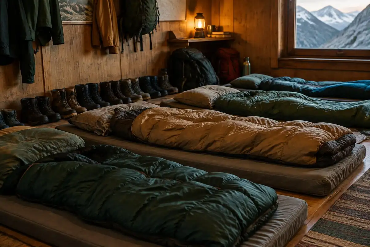 Sleeping bags on floor mattresses in a refuge dormitory with boots along the wall