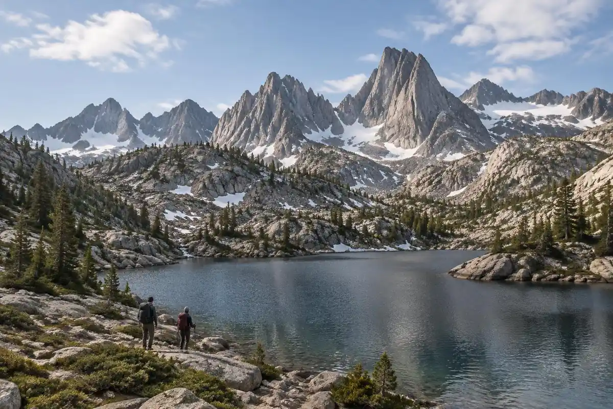 A high granite spire skyline with a small alpine lake and thin air haze