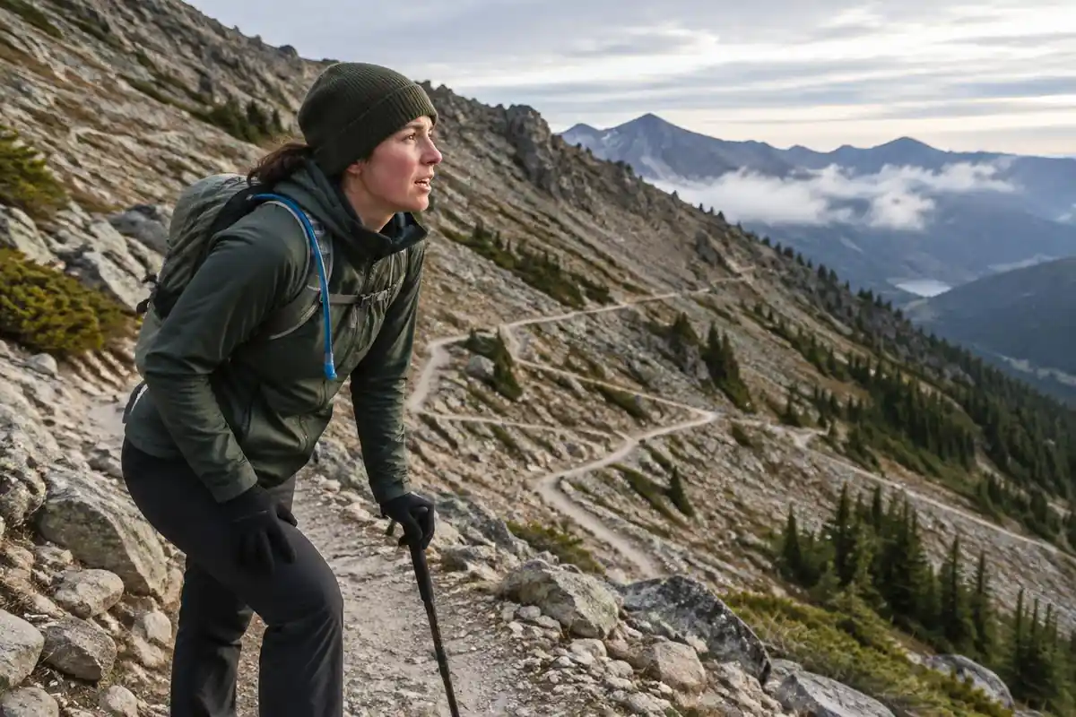 A hiker with a walking pole pausing to breathe on a rocky switchback in high altitude