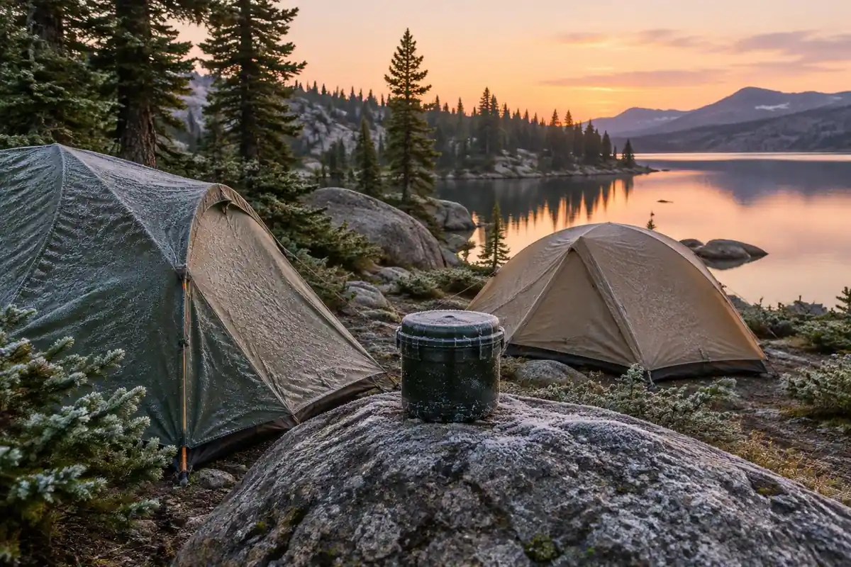 Two small tents and a bear canister on a boulder at a rocky lake at dawn