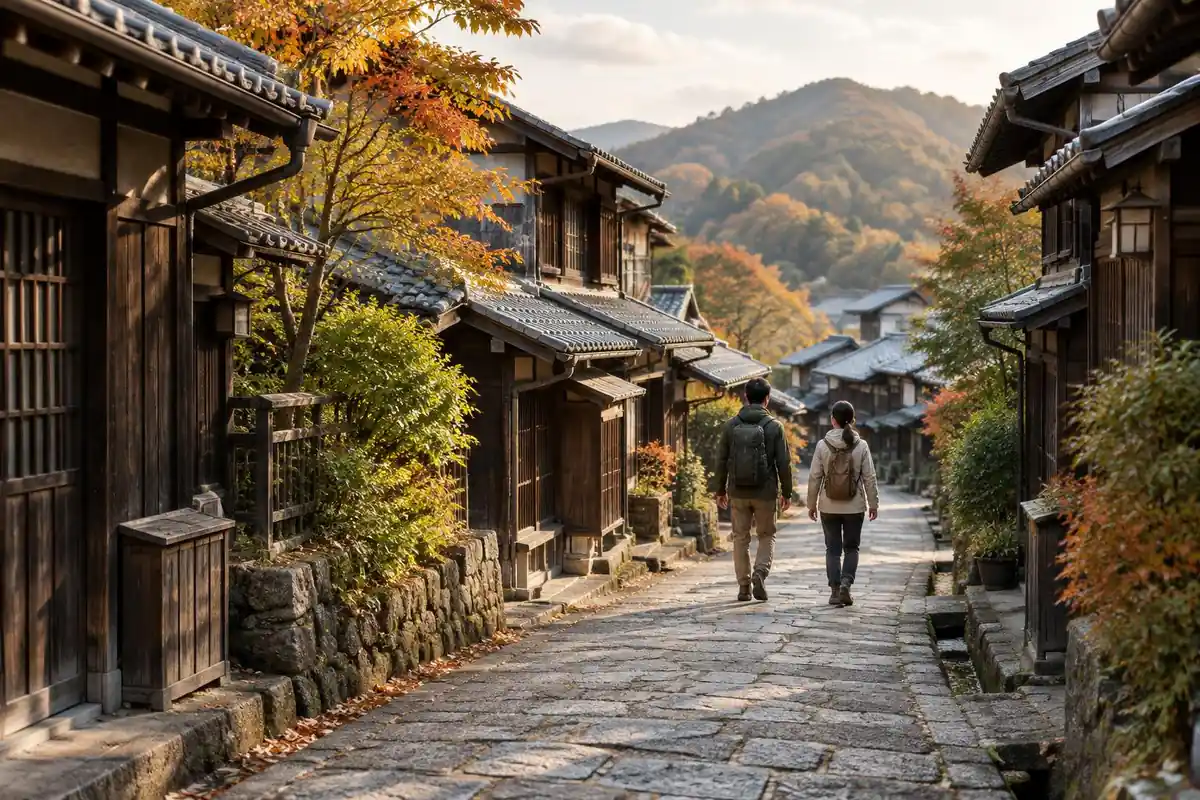 Old post-town street of timber houses with two walkers and small packs