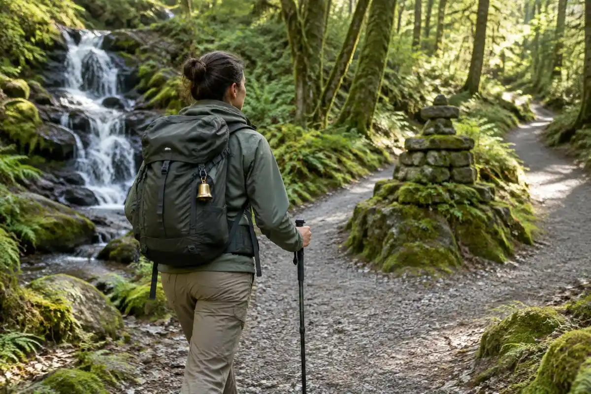 Hiker on a gravel forest track past a small waterfall