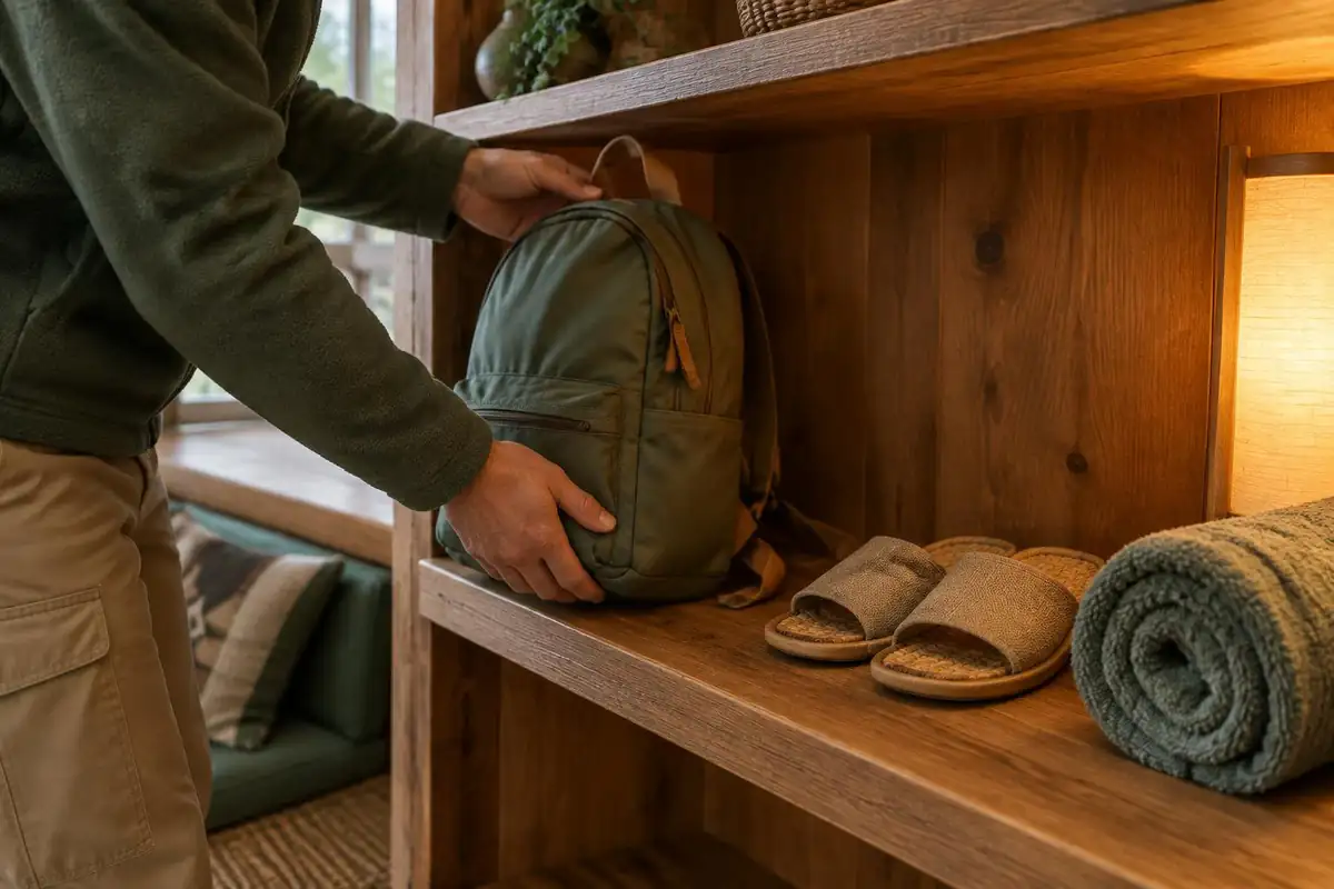 Hand placing a daypack on a wooden inn shelf beside sandals and a towel