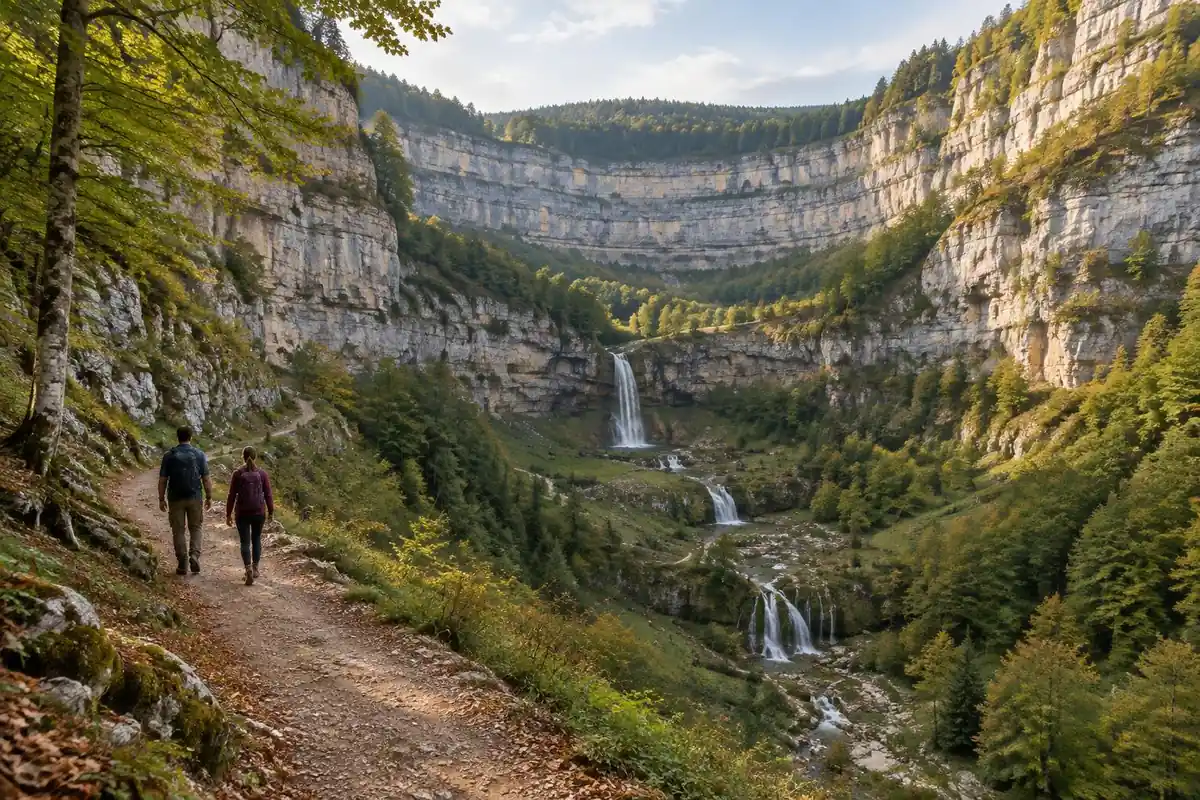 U-shaped limestone canyon with layered cliffs, beech forest and cascades