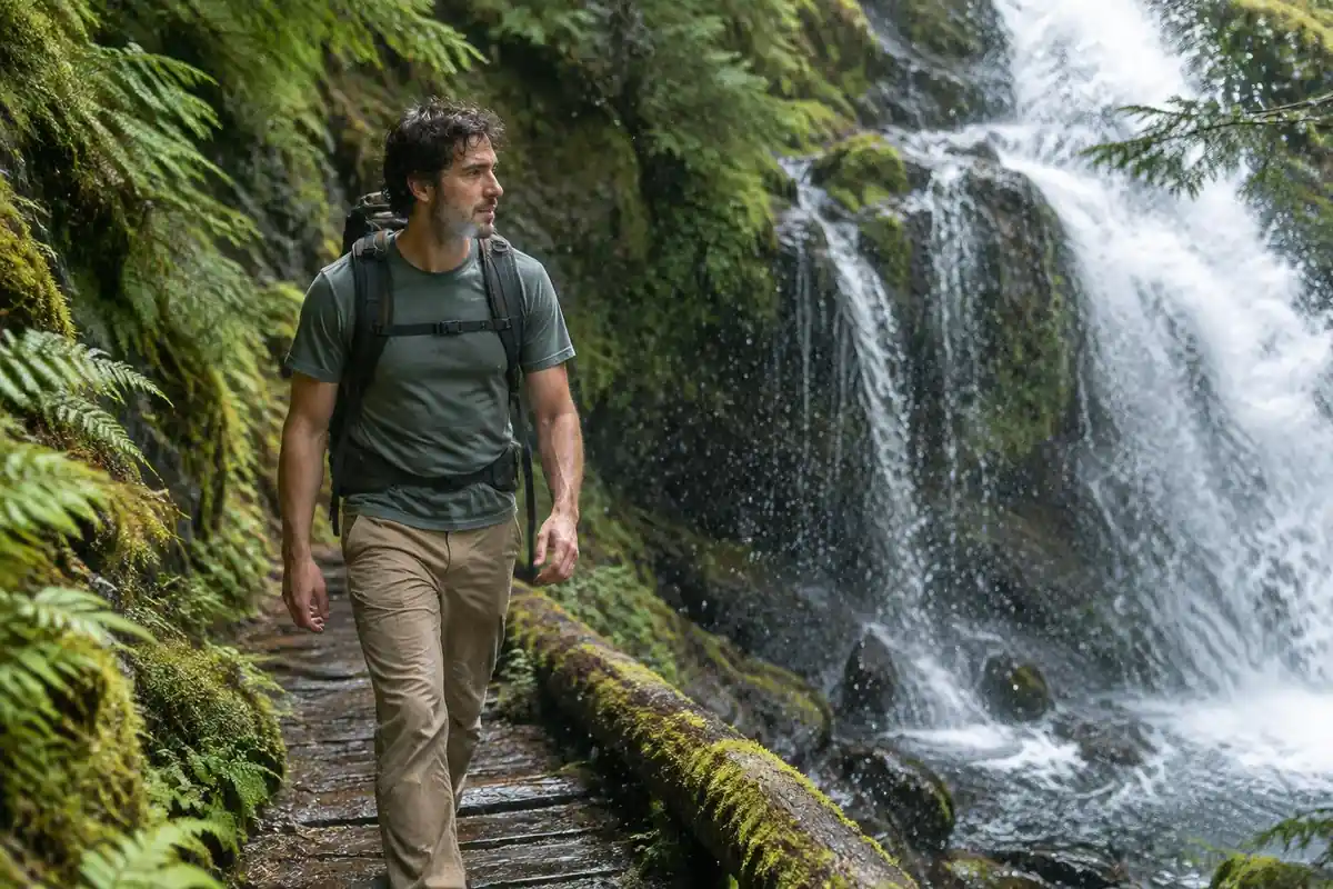 Hiker in a short-sleeve shirt walking beside a cascade on a mossy path