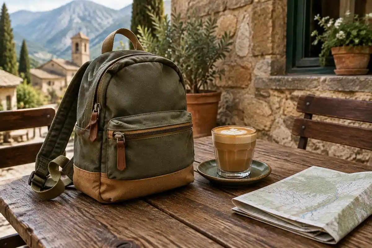 Small backpack, coffee cup and folded map on a rustic cafe table