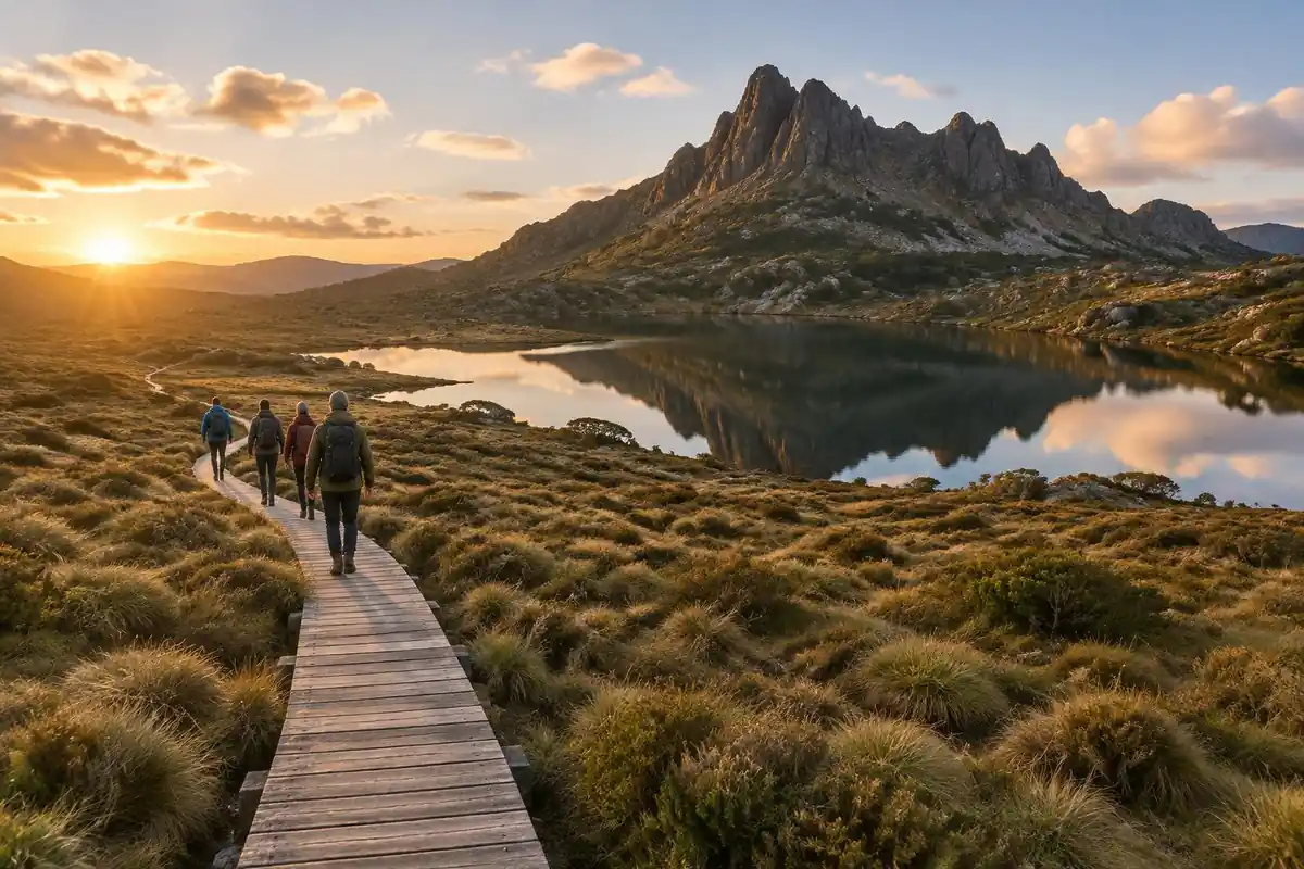 Boardwalk across a button-grass plain toward a jagged peak and still tarn