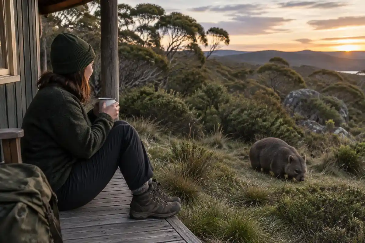 Hiker with a mug on a hut deck as a wombat walks through grass below