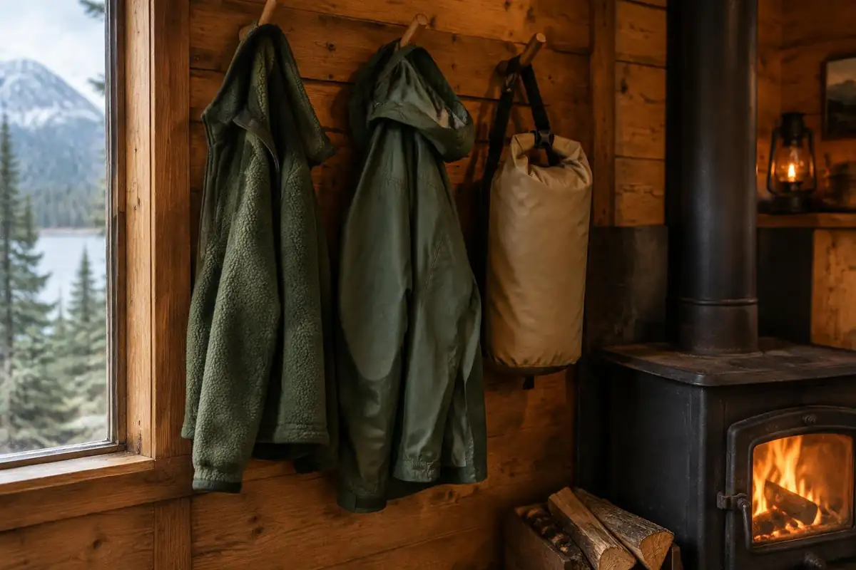 Rain jacket and dry bag hanging on pegs in a bush hut beside a heater