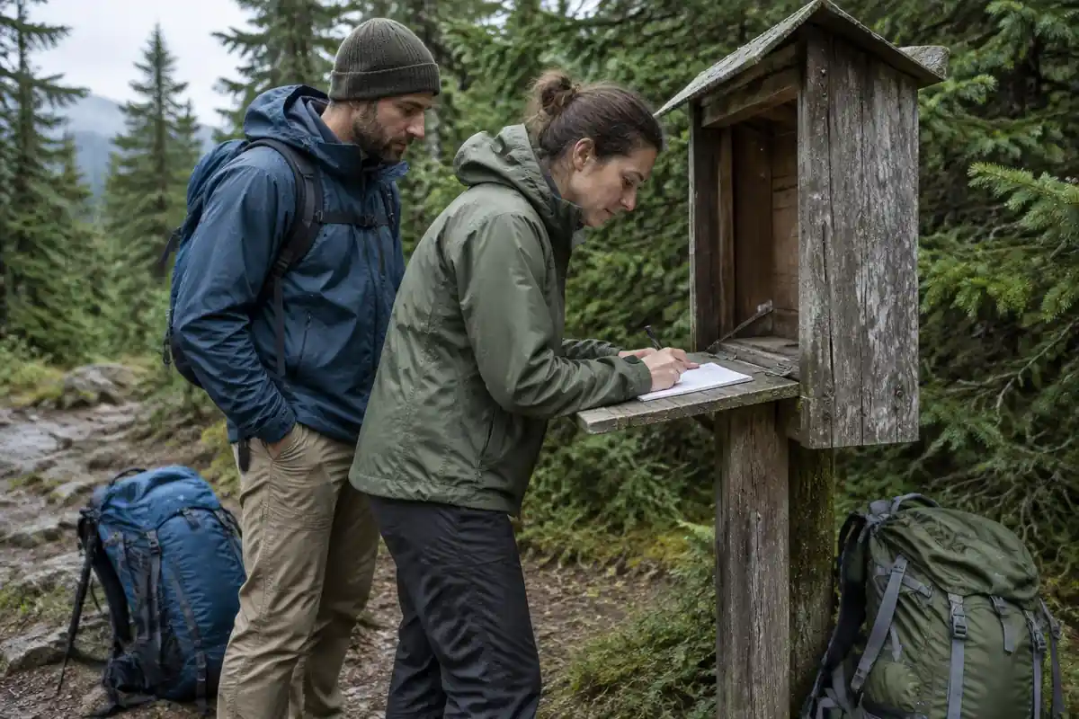 Two hikers filling a self-issue permit form at a wooden trailhead board