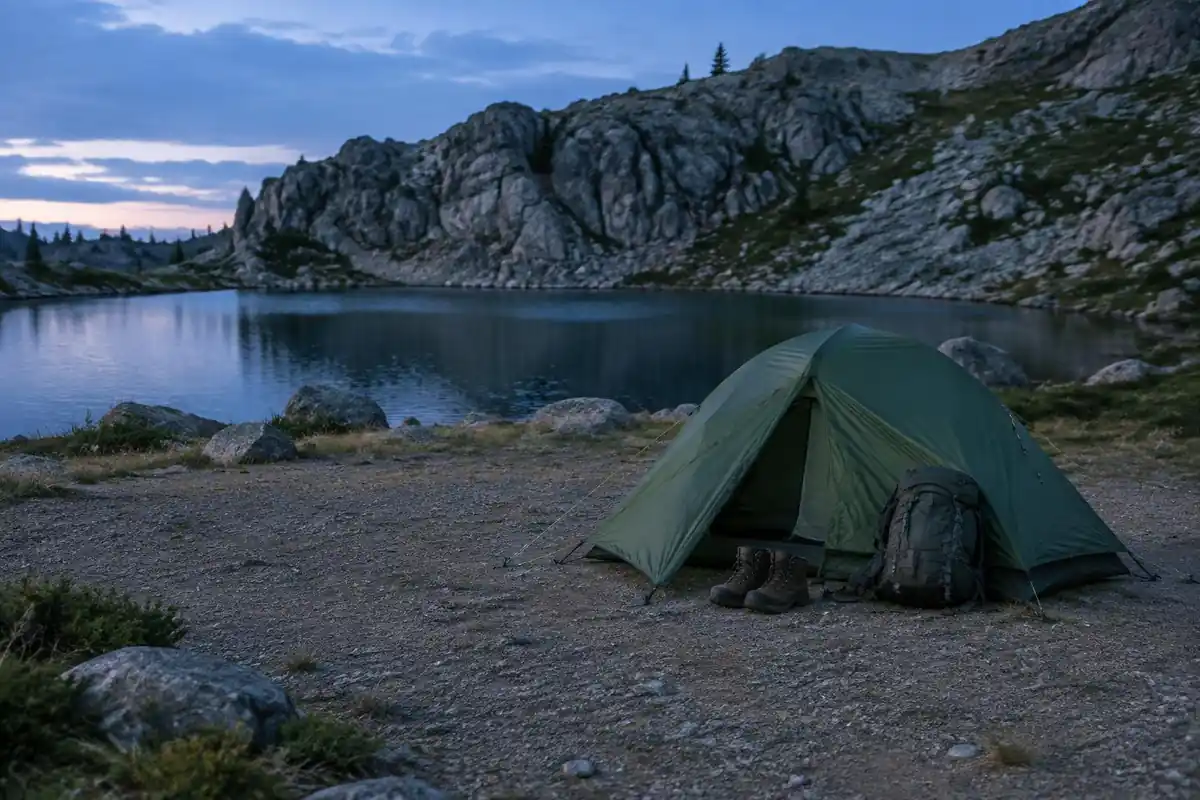 Tent pitched on a durable gravel bench beside a small lake