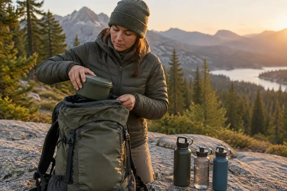 Woman lowering a hard-sided food canister into her pack at a rocky camp