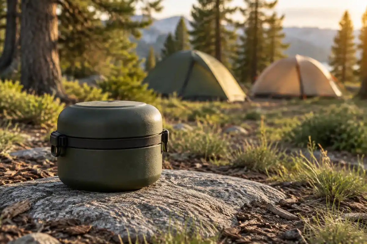 Bear canister set on flat rock away from the tents