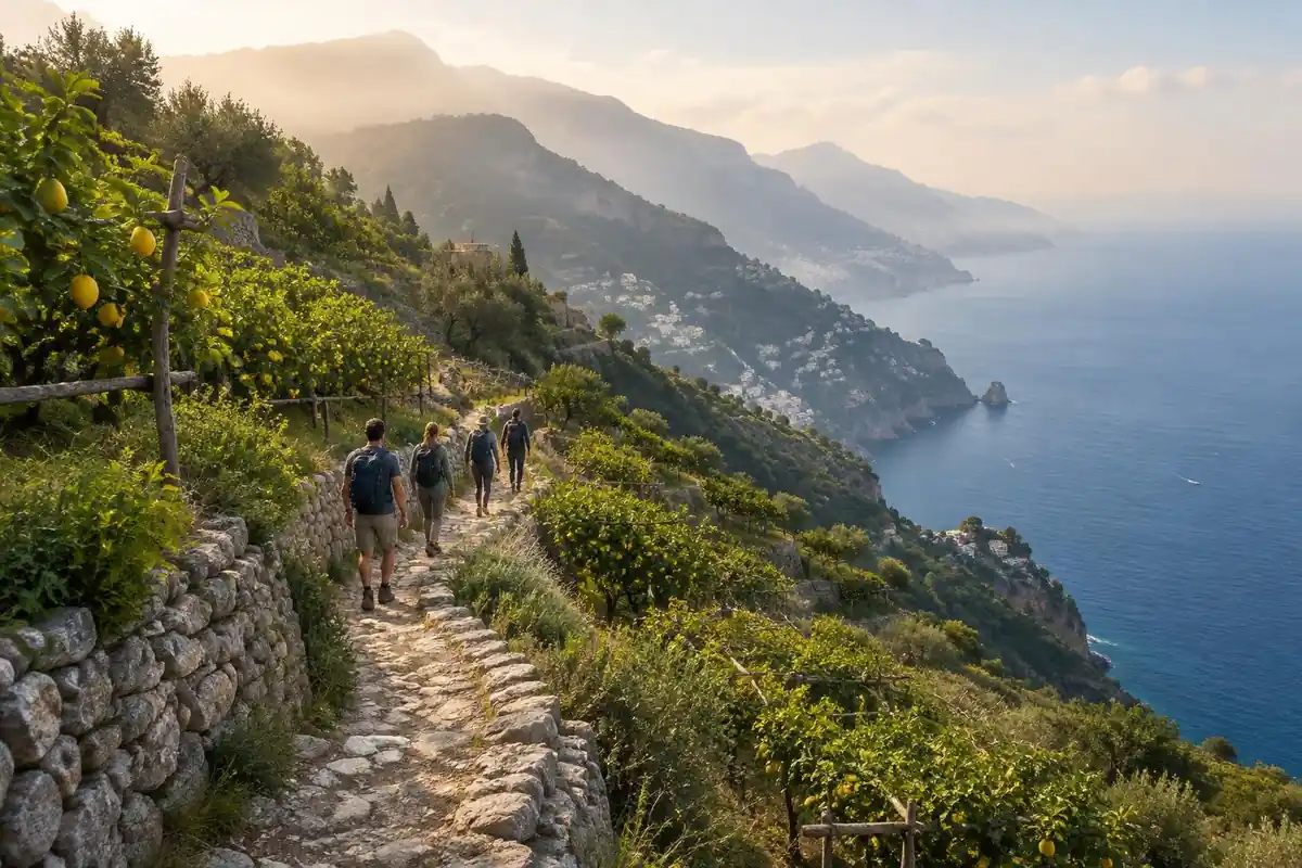 Terraced path above a deep blue coast with lemon groves and a few walkers