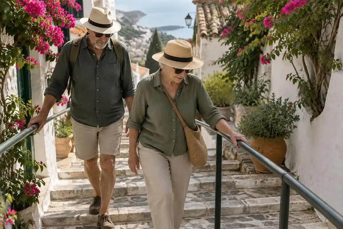 Older couple walking down a stone stairway between whitewashed houses